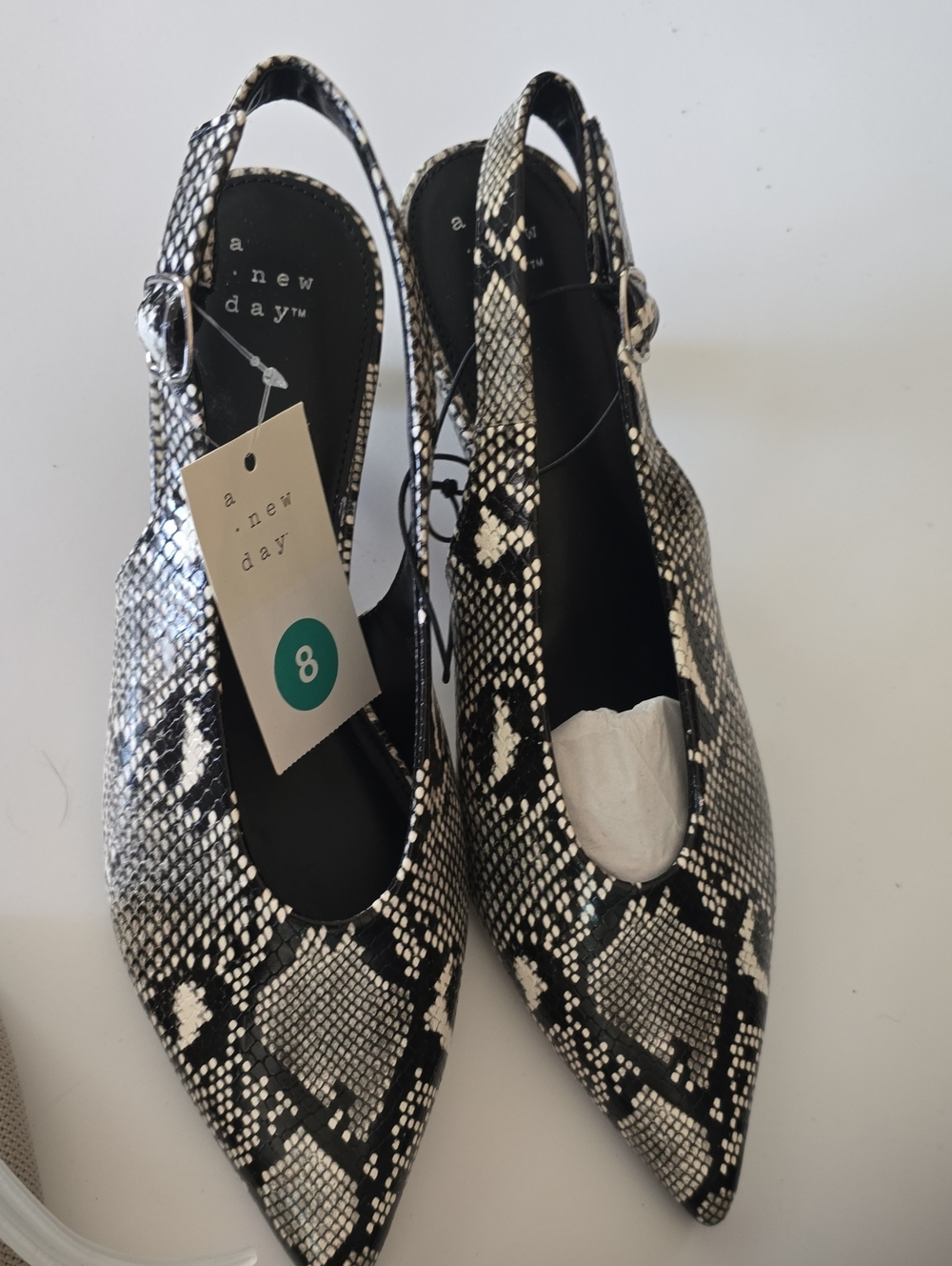 a new day Black & White Snake-Print Slingback Pointed Flats NEW
